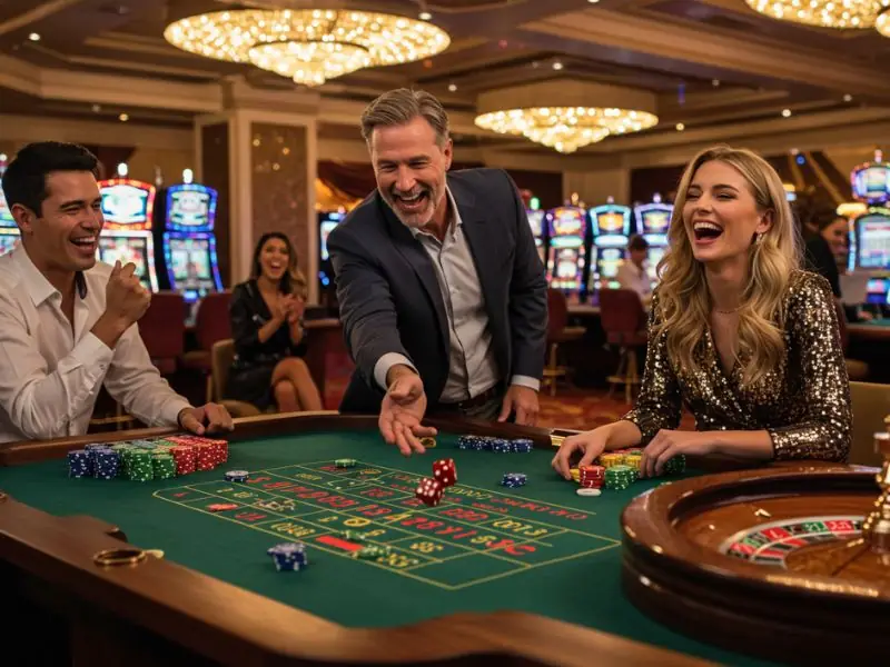 A happy daddy enjoying online casino games with his son and daughter at mwplay888-online-casino log-in.