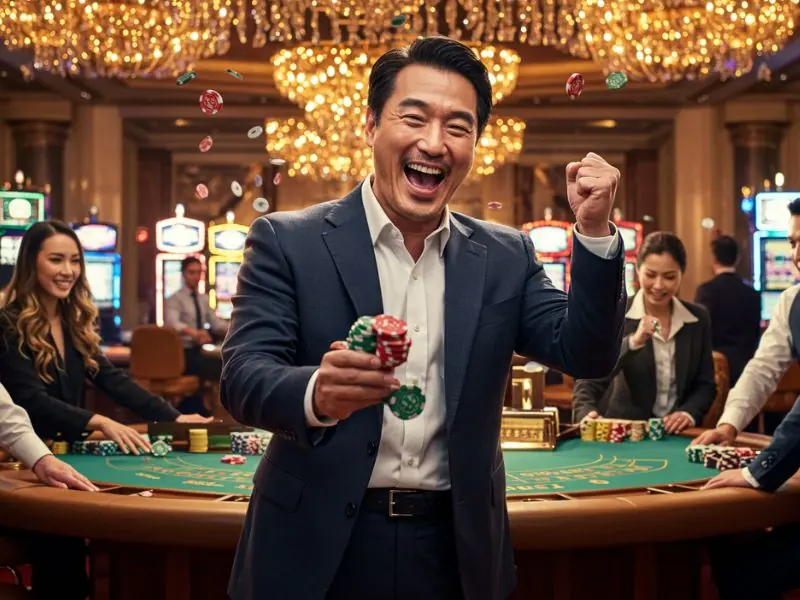 A happy player holding his winning chips proudly at online-casino-247.