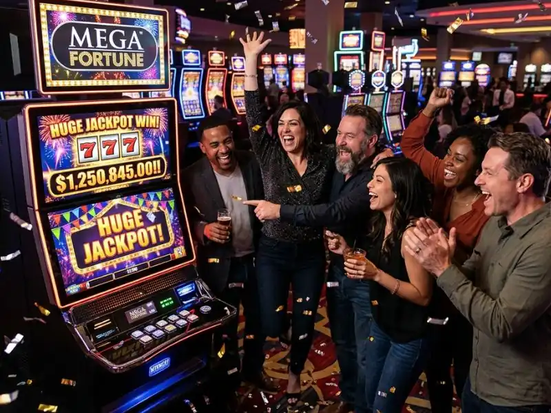 Online casino hacks group celebrating a huge jackpot win on slot machines, cheering with excitement