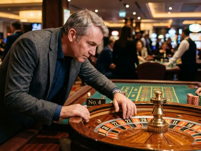 Online casino hacks man examining roulette wheel before placing a strategic bet