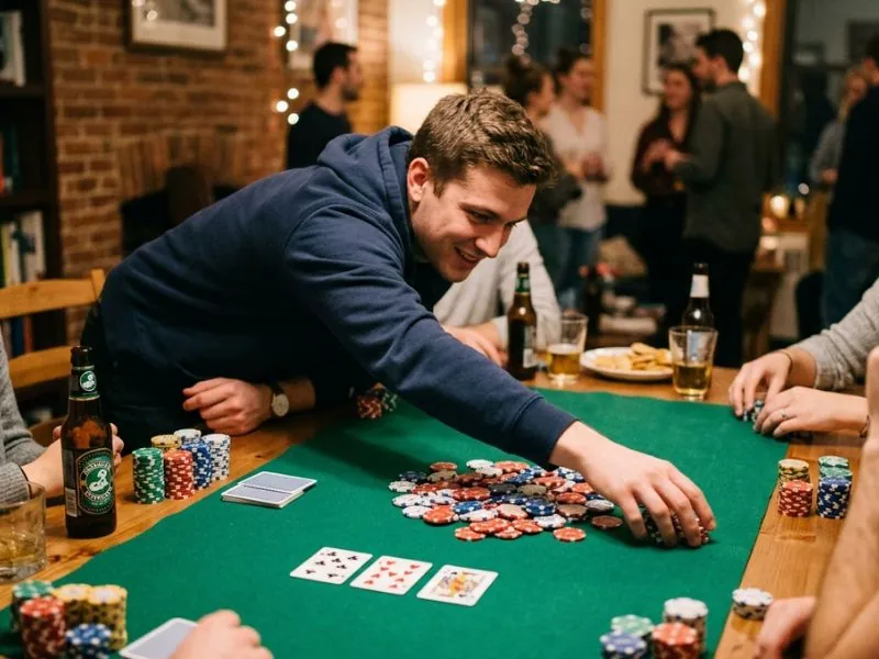Online casino PayPal Philippines friend leaning over table to move chips during a game