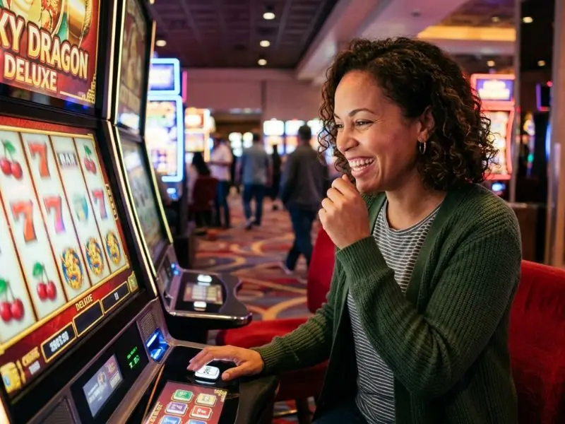 Woman smiling as slot machine reels spin at a PCSO online casino.