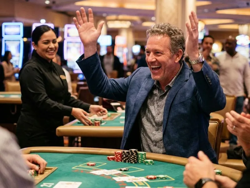 Peso63 online casino man gesturing with excitement after winning a blackjack hand