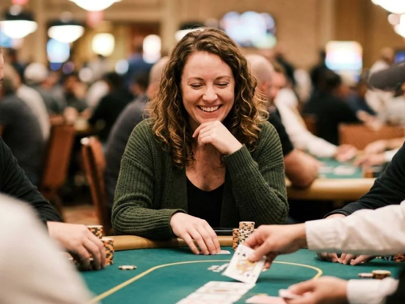 A woman joyfully watching a poker hand unfold with focus at Pogo online casino