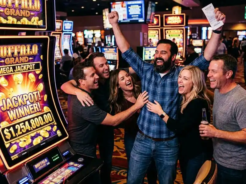 A man celebrating a jackpot win with friends at popular online casinos