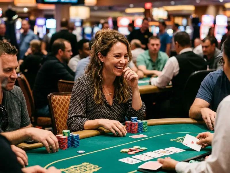 A pretty woman watching a poker hand unfold with focus at popular online casinos