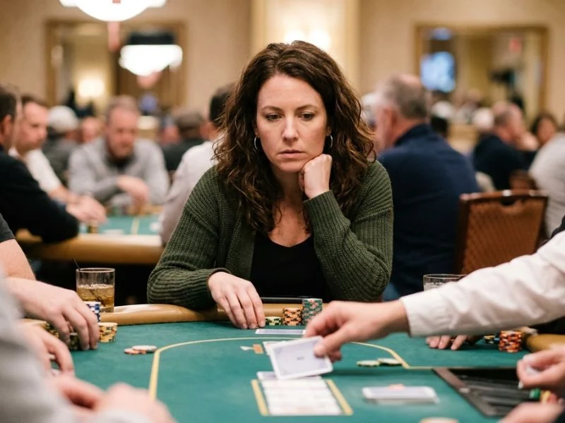 A woman watching a poker hand unfold with focus at popular online casinos