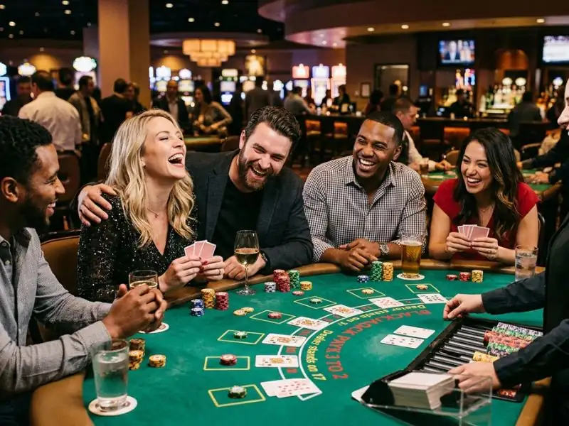 Group laughing together while playing blackjack at Ruby online casino.