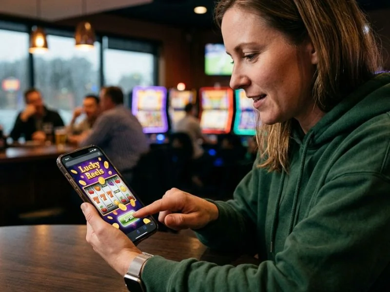 Player tapping the screen to spin an online slot at Ruby online casino.