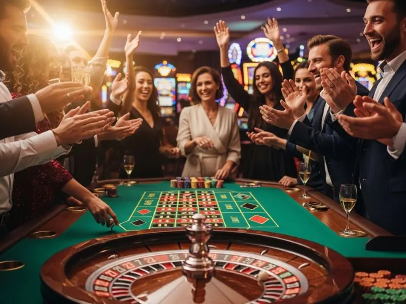 Friends cheering excitedly as the ball lands on a number during a T-Rex slot game.