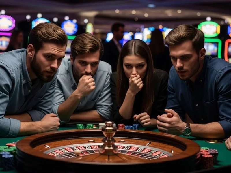 Friends holding their breath in suspense as the roulette wheel spins during a T-Rex slot game.