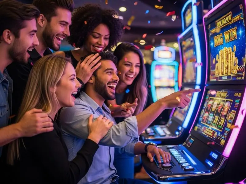 A group of friends huddled together, celebrating a lucky spin on a T-Rex slot game.