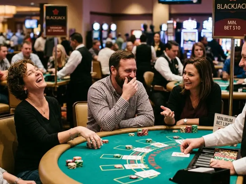 Friends laughing together while playing blackjack at Zone online casino.
