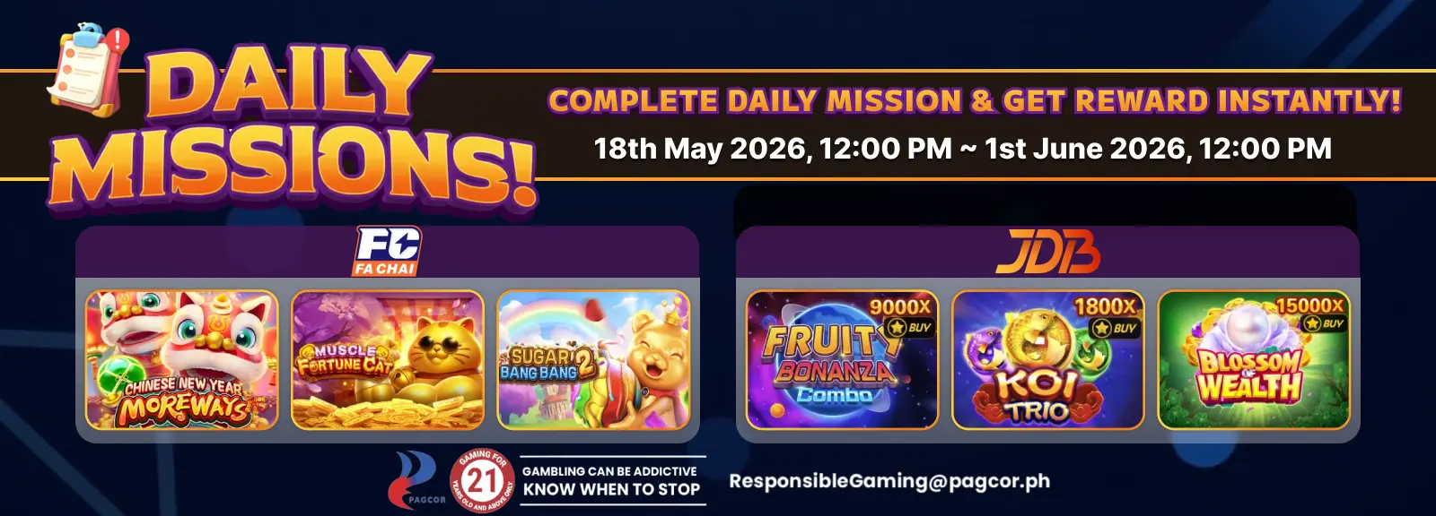 ApexGaming App daily missions promo featuring Fa Chai and JDB slot games with instant rewards from May 18 to June 1, 2026.