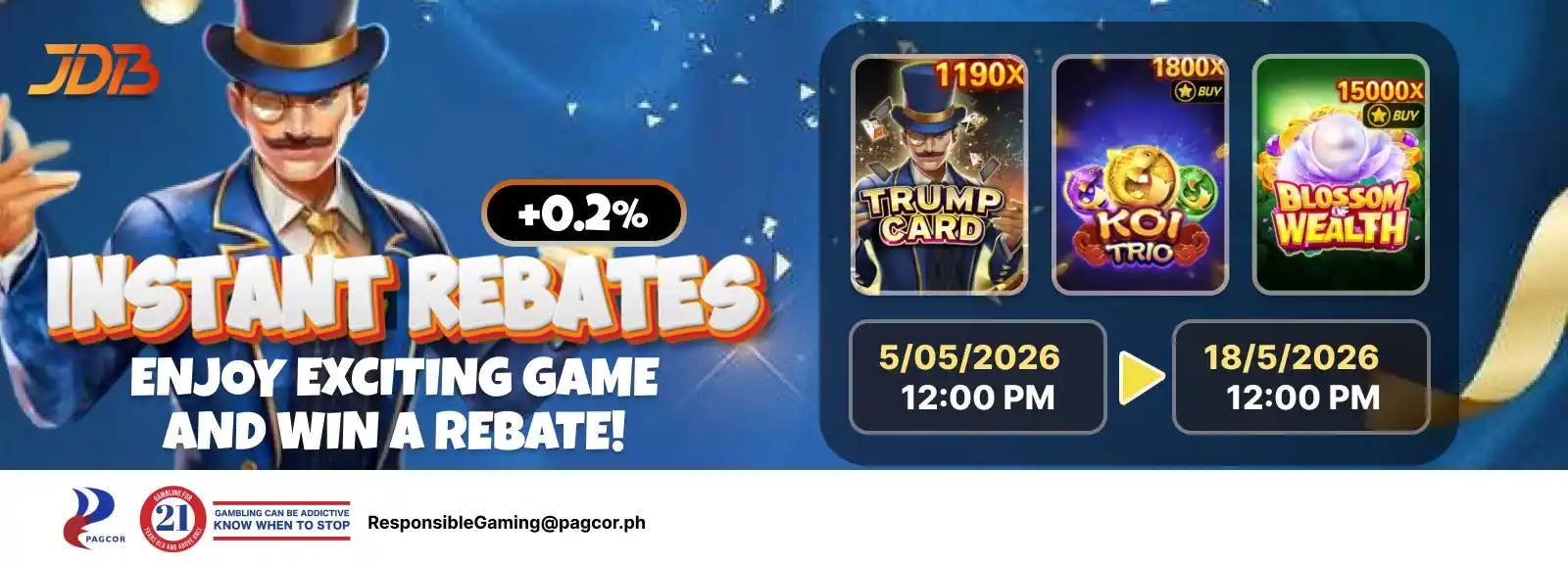 JDB Instant Rebates promo banner featuring online casino Philippines slot games, cashback rewards, and Apex Gaming88 gaming event.