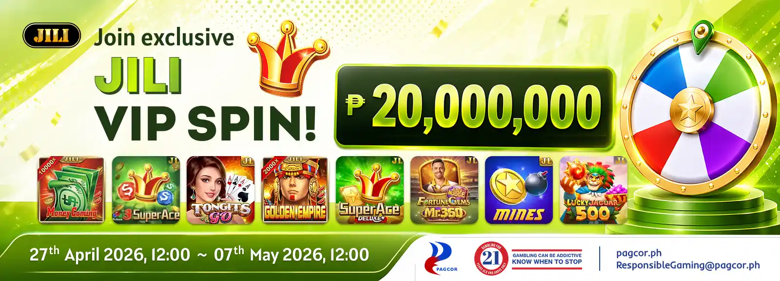 JILI VIP Spin promo banner by Apex Gaming88 featuring ₱20,000,000 prize pool, colorful spin wheel, and top online casino Philippines slot games.