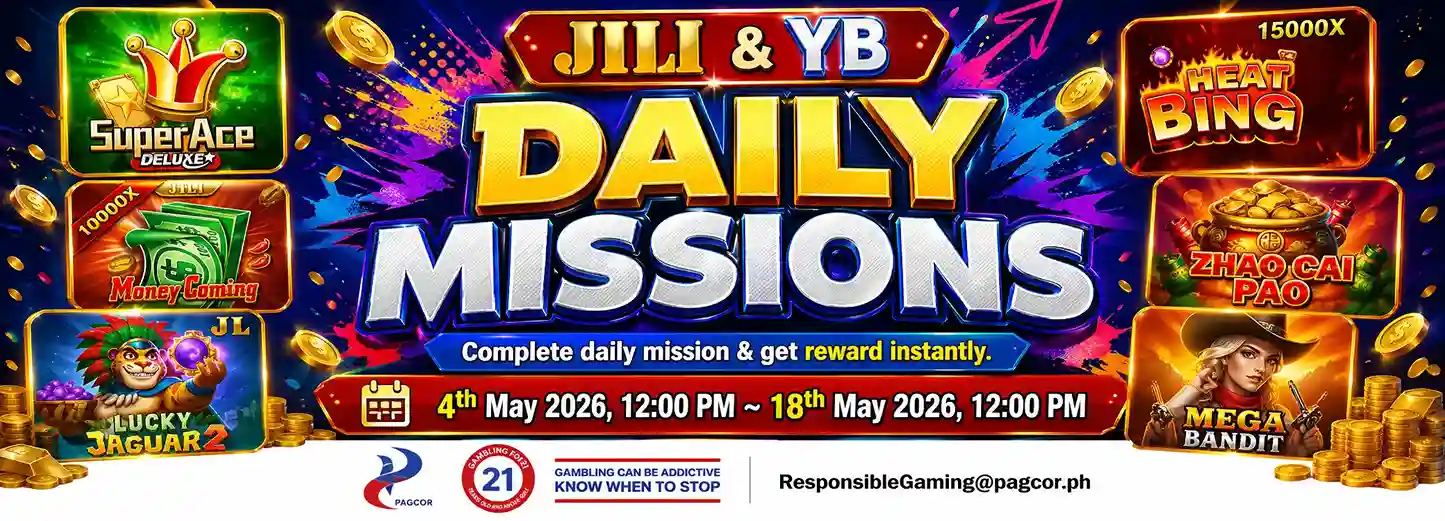 JILI and YB Daily Missions banner from Apex Gaming88 highlighting online casino Philippines rewards, daily challenges, and jackpot slot games.