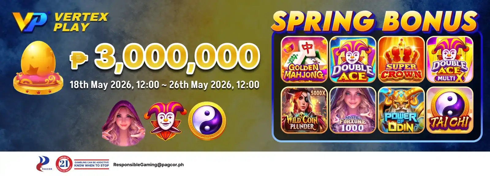 ApexGaming App Spring Bonus promo by Vertex Play featuring ₱3,000,000 rewards and popular slot games from May 18 to May 26, 2026.