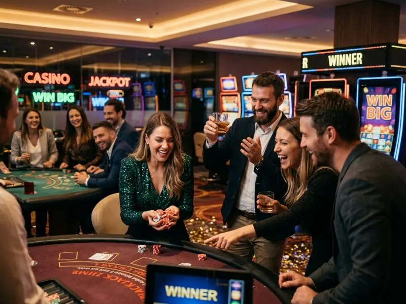 Casino player smiling after winning hand at tables and slots playtime.ph casino they laughed softly after another good hand