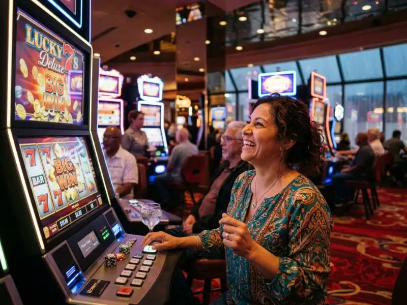 Beautiful woman creating memorable moments in elegant casino setting with 7jl online casino