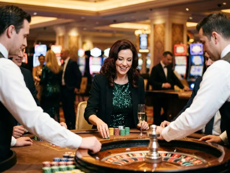 Fashionable woman relaxing during a glamorous casino evening with 7jl online casino