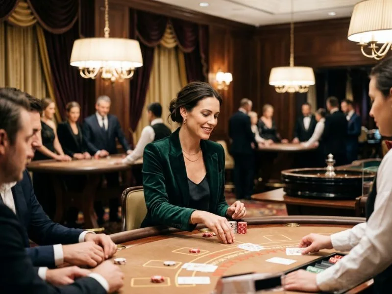 Elegant woman enjoying casino gaming in a luxurious alt online casino setting