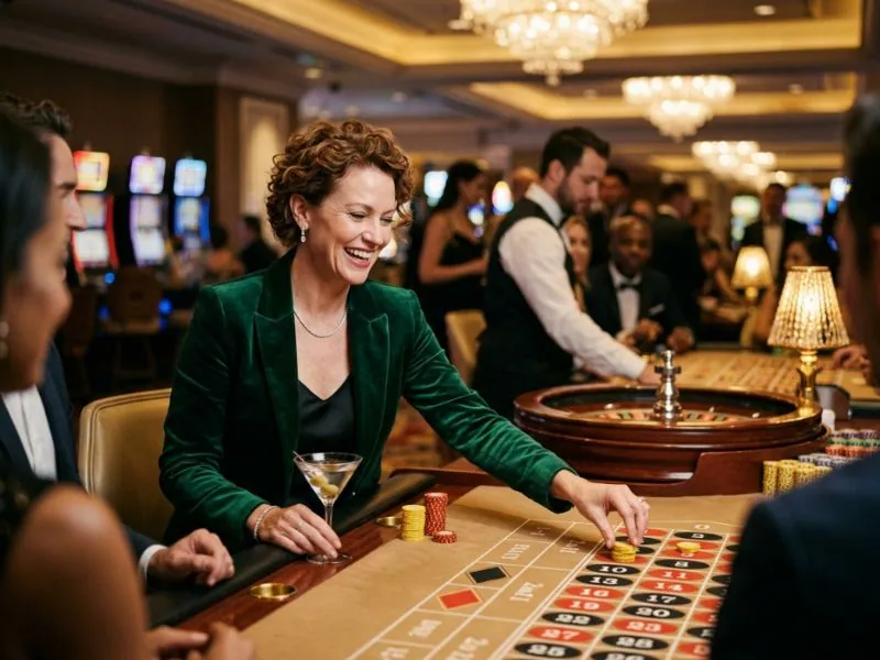 Sophisticated lady smiling while playing at a glamorous casino table at kings casino