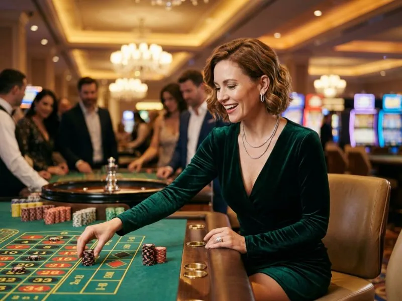 Stylish woman admiring vibrant casino atmosphere under bright lights at kings casino