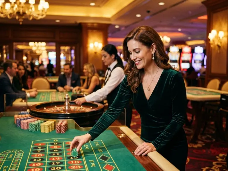 Beautiful woman enjoying a relaxing and luxurious casino experience at lucky cola.com casino
