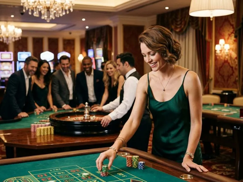 Refined woman surrounded by energy and glamour of casino floor at lucky cola.com casino