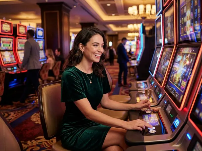 Charming lady surrounded by glittering casino ambiance with lucky cola online casino
