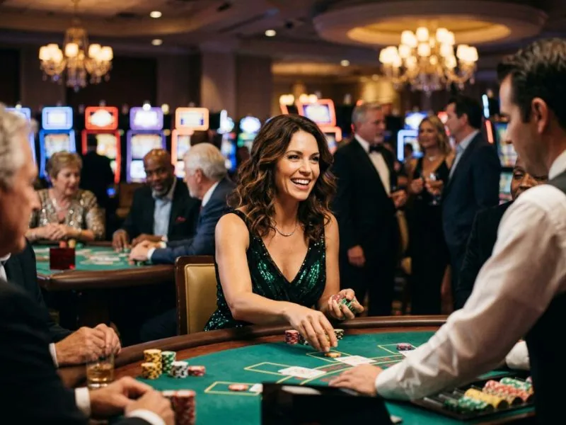 Fashionable lady celebrating a winning moment in Luckystar online casino setting