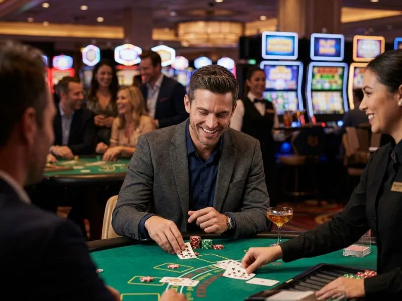 Handsome man enjoying a luxury casino night in Luckystar online casino setting