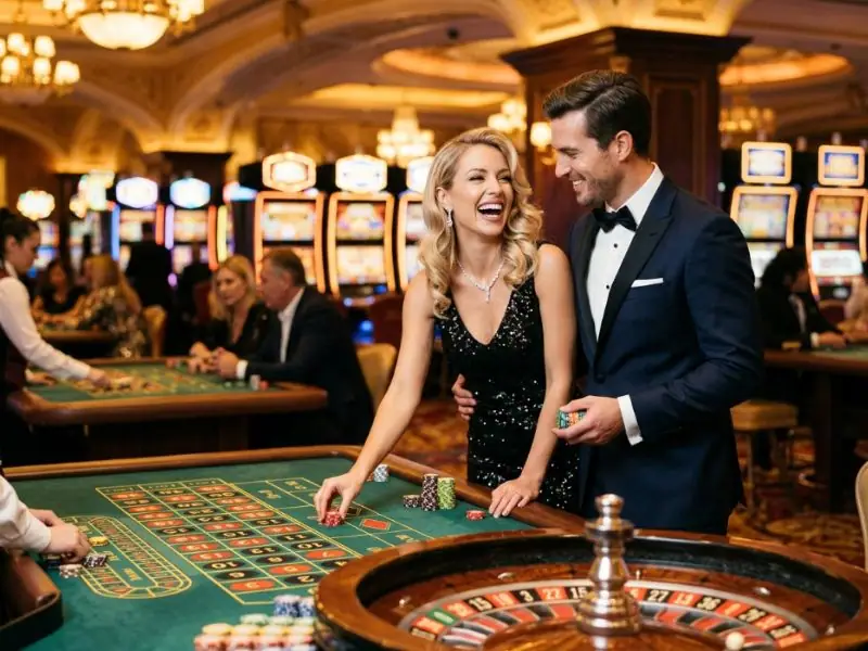 Sophisticated couple experiencing busy casino floor with online casino ni Manny Pacquiao