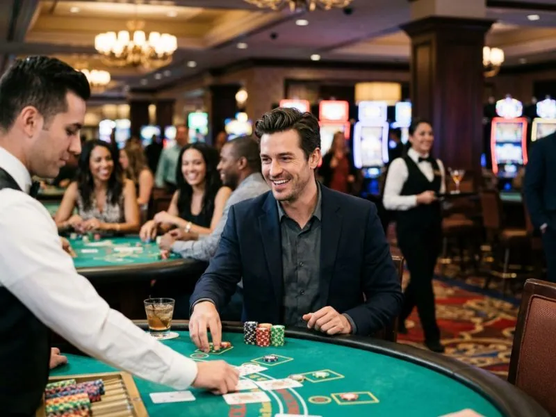 Stylish man trying his luck in online casino ni Manny Pacquiao with confidence
