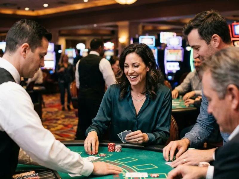 Chic woman enjoying a vibrant gaming atmosphere with Q25 online casino entertainment
