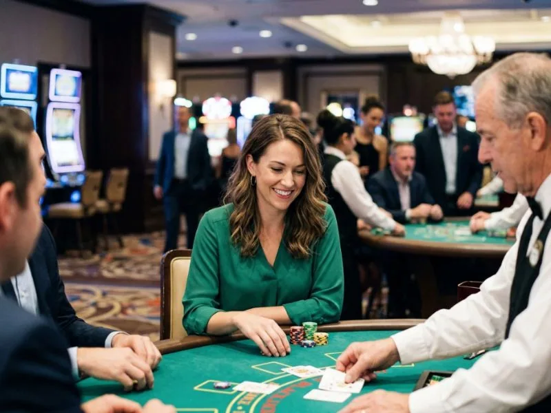 Sophisticated lady smiling at a glamorous gaming table with Q25 online casino