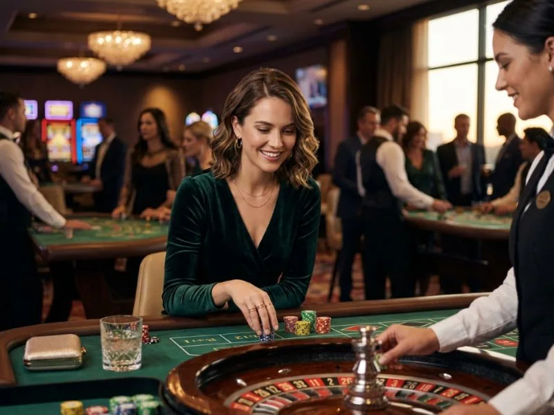 Stylish woman admiring a vibrant gaming venue with Q25 online casino excitement