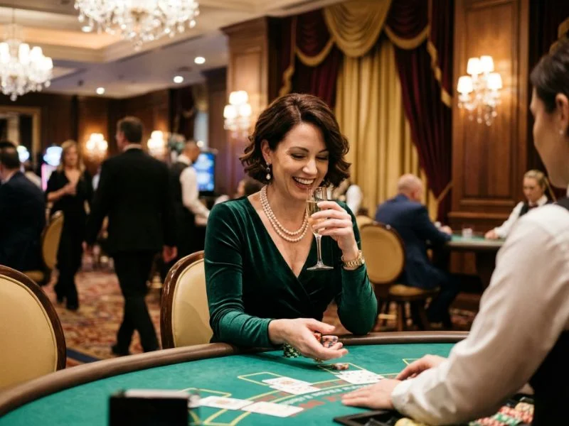 Beautiful lady confidently exploring the casino floor at Red Casino