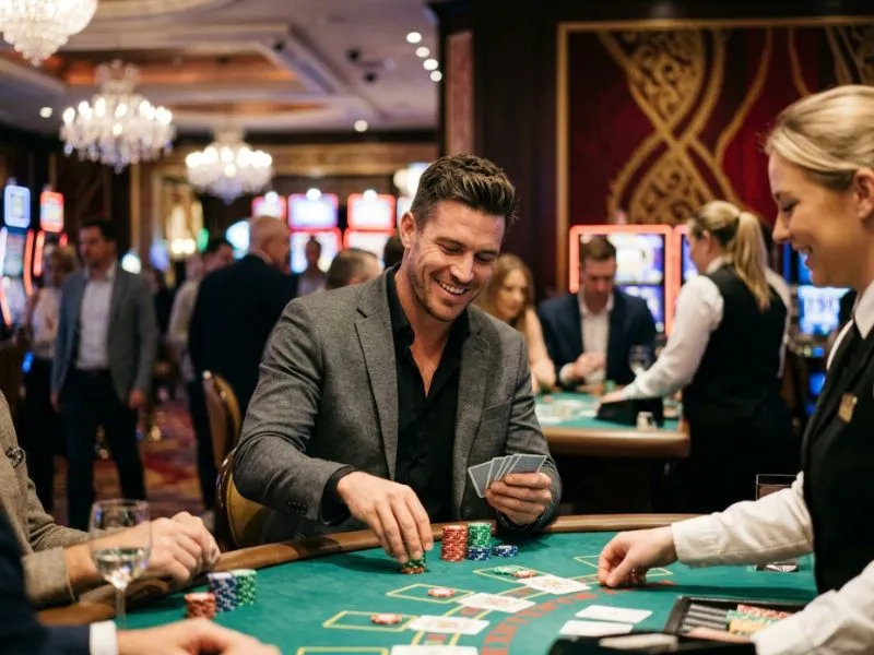 Handsome man enjoying the thrill of a luxury casino night at Z25 Casino Login