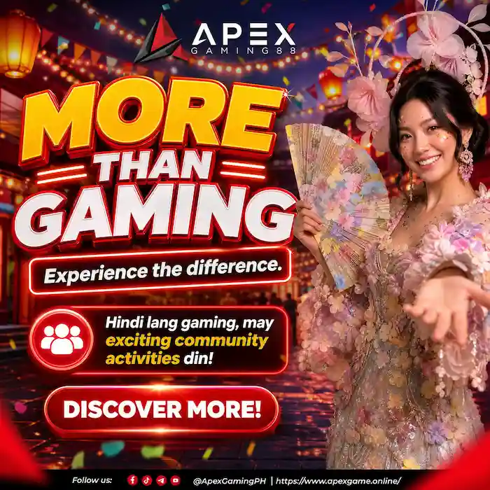 ApexGaming Arcade Games promotional banner featuring a woman in a floral outfit holding a decorative fan with the slogan "More Than Gaming," highlighting exciting community activities and entertainment.