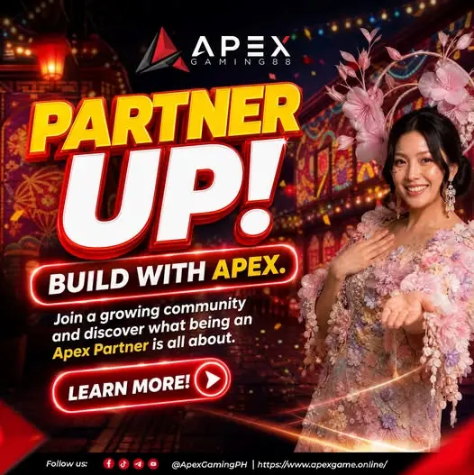 Promotional banner for ApexGaming Casino Games inviting players to join the ApexGaming88 partner program with a smiling brand ambassador.