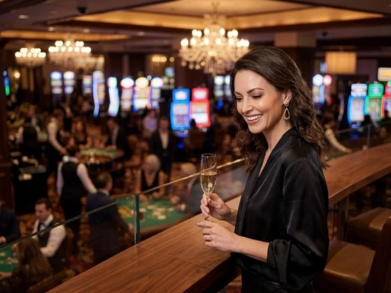 a88x online casino enthusiast smiling while enjoying a glamorous casino gaming environment.