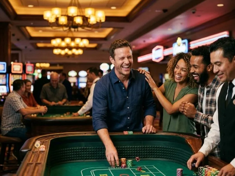 bingo patterns philippines player smiling at colorful casino gaming tables during an exciting visit.