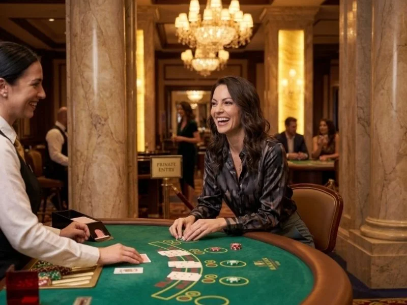 bl777 online guest enjoying the elegant casino interior and vibrant gaming atmosphere.