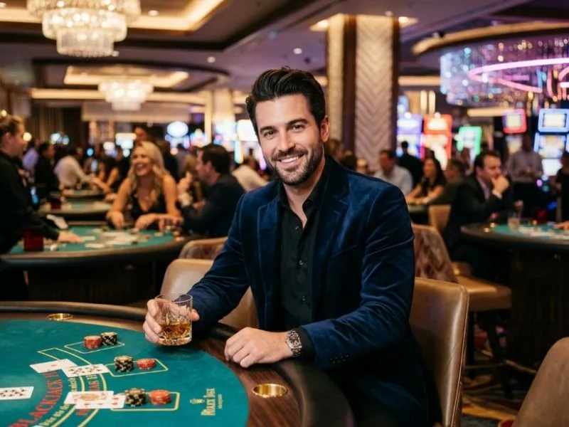 bl777 online gaming enthusiast smiling while exploring a luxurious casino setting.