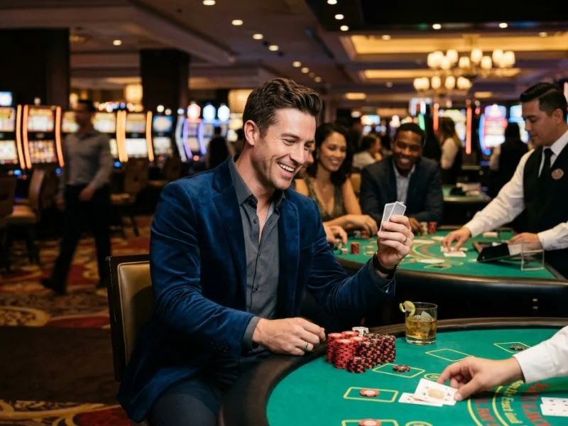 Attractive man enjoying Color Game GCash in a premium casino setting with focused gameplay.