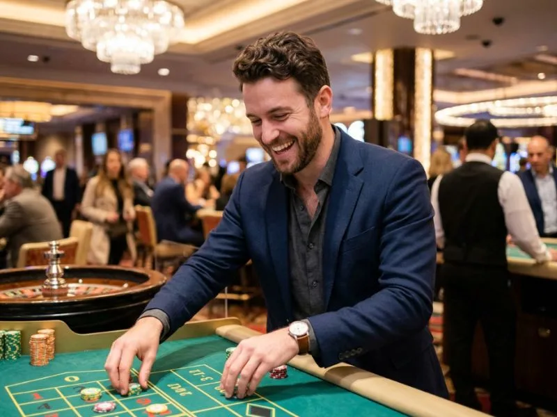 Charming man enjoying Color Game GCash in a vibrant casino atmosphere.
