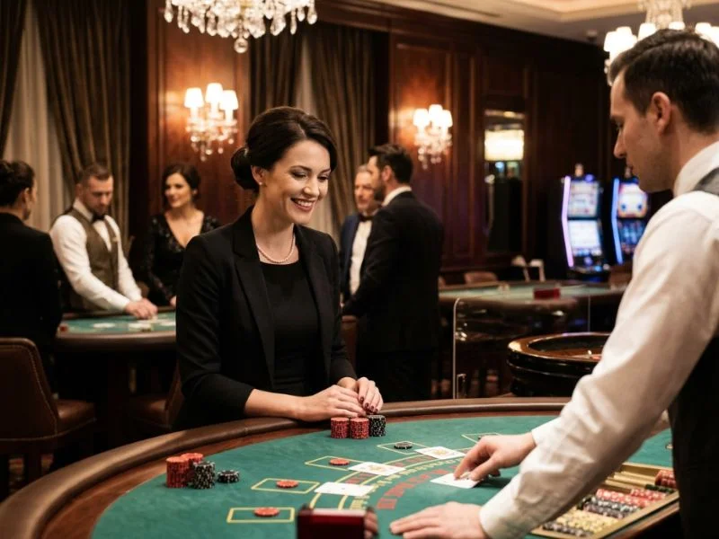 Elegant lady enjoying Color Game GCash in a lively and upscale casino setting.