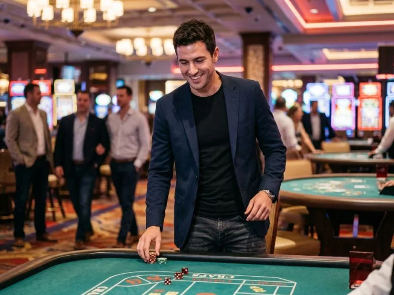 Stylish man playing Color Game GCash confidently in an elegant casino setting.